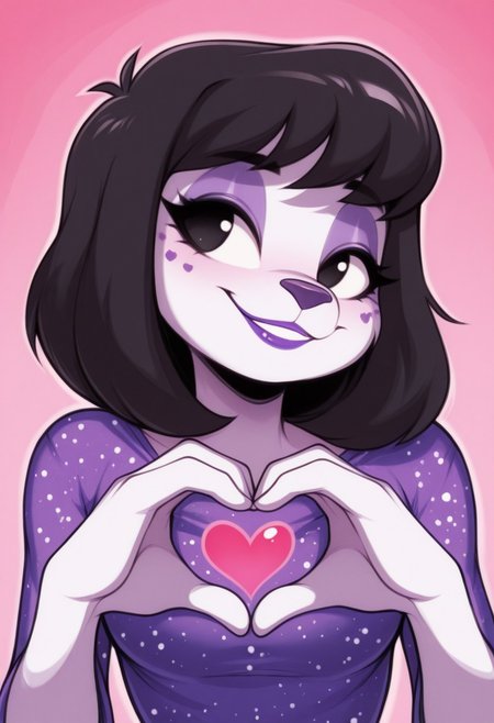 1girl, solo, medium build, medium hair, sfw, safe for work, covered skin, flowy dress,  black eyes, purple lipgloss, smiling, portrait, upper body, heart hands, foreshortening, detailed, newest,wildblur, furry female, furry, anthro,