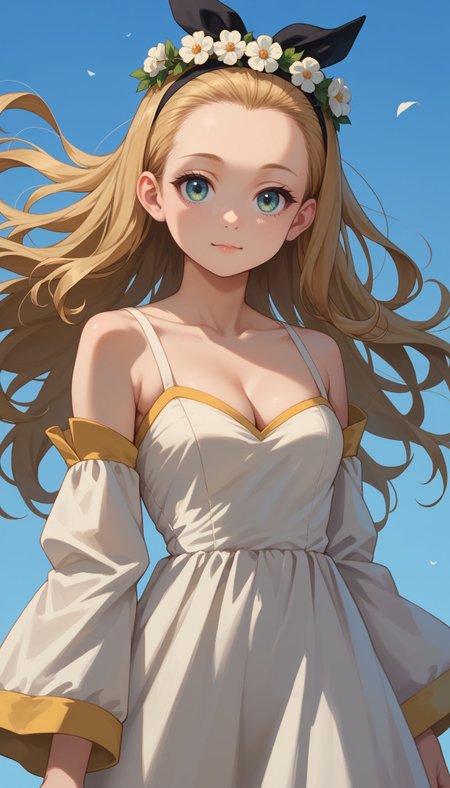 score_9, score_8_up, score_7_up, score_6_up, , solo, 20yo woman, (Beuty:1.1) , (cute:1.3), ,perfecteyes , seductive smile,perfect (photo realistic:1.2), (simple background:1.1), 
 <lora:Kurumi:1> kurumi \(lycoris recoil\), blonde hair, hair ribbon, long hair, black ribbon, black hairband, forehead, head wreath, bare shoulders, cleavage, white dress, sleeveless dress, detached sleeves, blue sky, wind, :o, standing