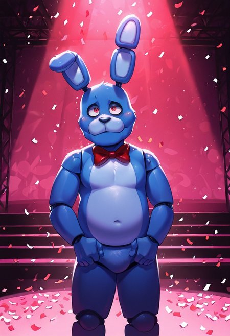 masterpiece, best quality, amazing quality, very aesthetic, absurdres, newest, detailed background,
bonnie, rabbit ears, red bowtie,, 1boy, joints, animatronic
blue skin, red straps, on stage, confetti