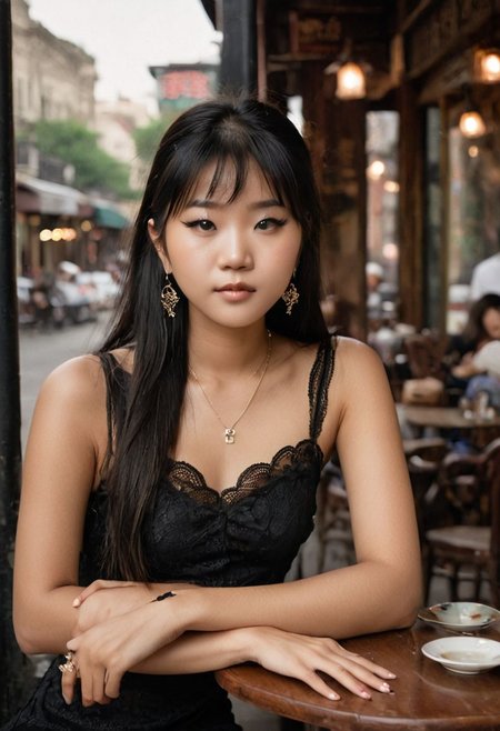 eye catching, majestic Leah Li, Petite, asian, darkskin,, 18 year old Chinese woman, flat chested,  ((no boobs)), straight hair,  earrings, eye liner, long bangs,  4k, very detailed, eyeliner, ((black hair)), ((blunt bangs)), ((slender face)), ((thin lips)),  a cinematic photograph of a woman in a random color translucent lace sundress, sitting at a table in a cafe on the street. New Orleans
intricate jewelry, necklace, earrings, rings, bracelet, top unbuttoned, wind lifting a short skirt, stockings, long wavy hair, street lamp, potted flowers, tables of the summer cafe, a rag tent on the cafe,, giving the viewer a seductive look, OverallDetail, eye catching, drab, OverallDetail, LeaLi, coffeeyadream,  holding coffee, full body view
