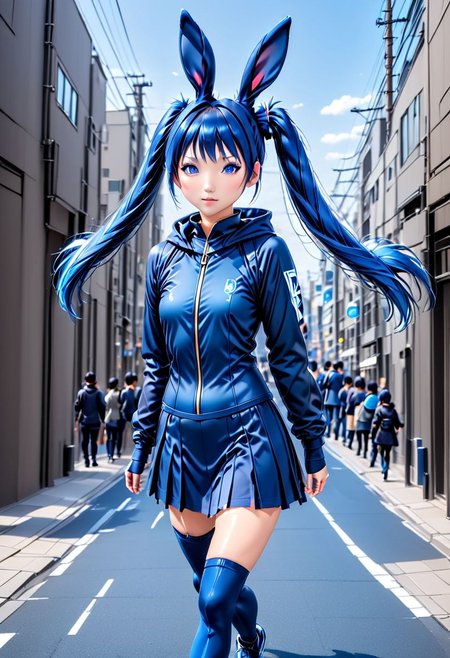 Blue Idoru. A beautiful young Japanese woman. Petite and slender. She has blue eyes and blue hair in twin-tails. She is wearing a bunny suit. Cute idol pose on a city street.