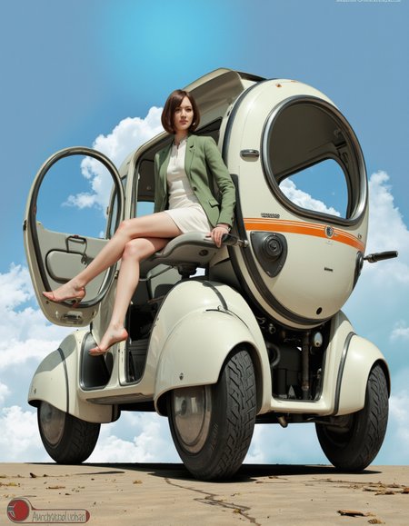 Art by Andrian Luchian. A photo-realistic rendering of a futuristic, futuristic vehicle with a sleek, streamlined design and large, circular windows. the vehicle is positioned in the middle of the image, with a clear blue sky and fluffy white clouds in the background. on the front of the vehicle, a woman, who appears to be in her mid-twenties, is sitting with her legs crossed, wearing a light green blazer and a white dress. she is facing the viewer, looking directly at them with a confident expression. the woman's hair is styled in a neat, tidy manner, and she has a slim body. the car has two doors, one on each side, and an orange stripe running along the side, adding a pop of color to the otherwise monochromatic image.