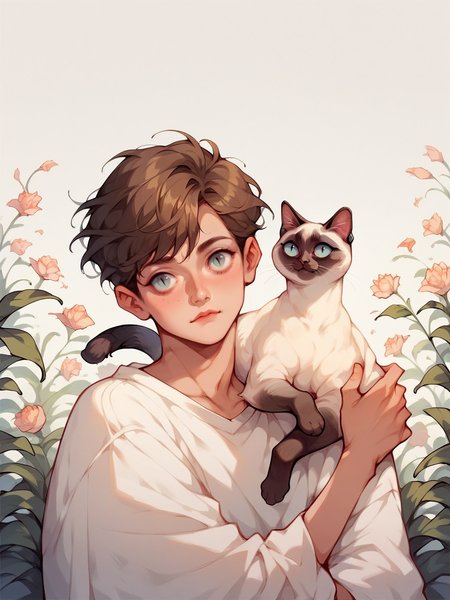 score_9, score_8_up, score_7_up, score_6_up, score_5_up,   <lora:c4tsXLP:0.9> c4ts, siamese cat,  <lora:p3tl0v3XLP:1> p3tl0v3, 1boy, cat,