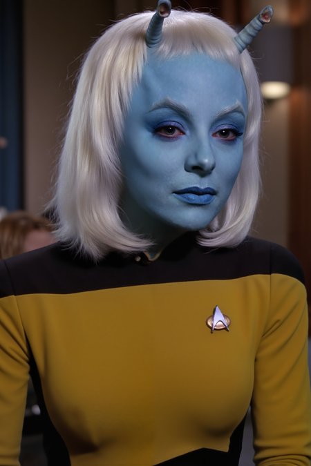 A high-quality fashion shoot photo featuring a striking Asian andorian woman with blue skin and antennae and a sleek (ponytail:1.3), confidently modeling a yellow TNG uniform. The woman's white hair contrasts beautifully with the uniform, while her sharp, elegant features exude both strength and grace. <lora:aidmaMJ6.1-FLUX-V0.1:0.6><lora:Movie_Portrait><lora:Flux DetailerV2><lora:andorian_FLUX><lora:TNG_FLUX:1.1>