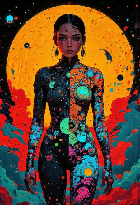 The image features a vibrant and imaginative female character adorned in a skin-tight suit that seems to blend organic and cosmic elements. The suit is intricately designed with swirling patterns in shades of black, blue, and vivid pink, resembling flowing tendrils or vines. Circular motifs in various colors, especially teal and fuchsia, punctuate the design. 
Behind the figure, a striking circular backdrop glows in warm tones of orange and red, embellished with geometric patterns that evoke a sense of depth and energy, reminiscent of a cosmic or mystical setting. The overall atmosphere is surreal and otherworldly, combining elements of science fiction with artistic flair.