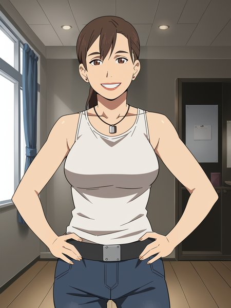 <lora:Mari_Kusakabe-Tokyo_Magnitude_8.0:0.9>,Mari,mature female,1girl,solo,brown hair,brown eyes,ponytail,earrings,tank top,pants,cowboy shot,hands on own hips,looking at viewer,indoors,smile