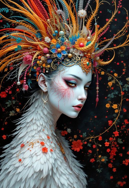 oil art, dark fantasy art, surrealism, high detail, woman oriental crane with crest, white porcelain skin, diamond painting, intricate details, quantum rendering, hyper-detailed, 50mm lens, colorful