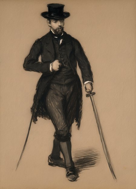 Arcpastel by Edouard Manet of a man wearing black clothes with a sword and a hat throwing off a black cloth as he steps forward, Paris, France, Impressionism, sketch and study, male portraits, 1870s, 1800s