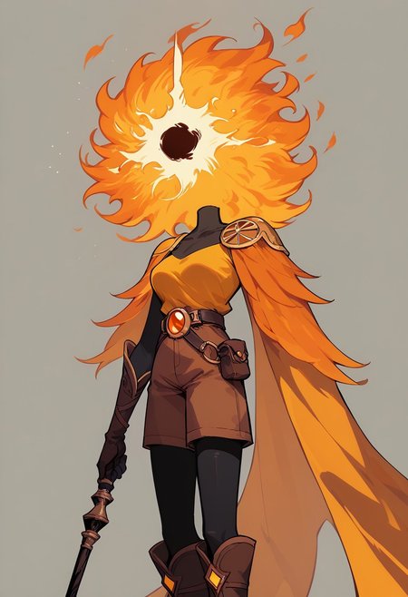 score_9, score_8_up, score_7_up,
lord_of_frenzy, fire head,
holding magic spear,
novakin, faceless, no eyes, no mouth, no nose, no facial features, short fiery yellow orange hair, body made of black plasma,
magical girl outfit, steampunk dress, boots, brown shorts, black tights, medium breasts, belt,
simple background, grey background,
adventure time