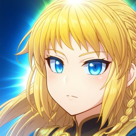 mana_sk style, portrait, focus on face, a valiant paladin girl with golden blonde hair styled into a braid and radiant blue eyes, wearing a shining silver helm with a glowing sun emblem, a steadfast expression of courage, a faint halo of light surrounding her face, Japanese RPG style, noble and divine atmosphere, intricate details on her helm and the glowing emblem