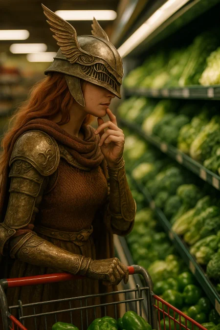 melania, blade of miquella, grocery shopping, rubbing her chin, thinking as she examines vegetables in a grocery store, side view.  she wears her signature helmet that covers her eyes and one of her hands rests on her shopping cart