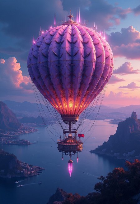A beautiful and sleek crystalpunk hot-air balloon floating in the sky over the open ocean, twilight,with a large city on the coast in the distance behind the airship, velvet_myst, A digital artwork in the style of cknc,