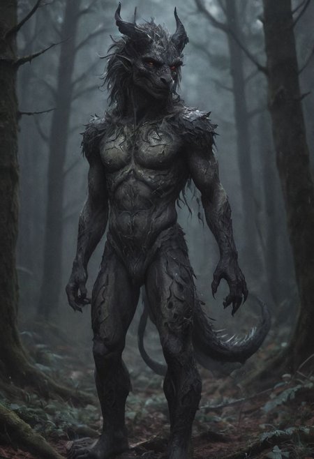 anime artwork human dragon hybrid, human head, dragon scale skin, dragon eyes, male focus, full body, standing, grimdark, creepy tale:1.15, dark forest background, rim lighting, style of Anato Finnstark, by alena aenami, <lora:RM_Niji_v1.0_bf16:0.8> . anime style, key visual, vibrant, studio anime,  highly detailed