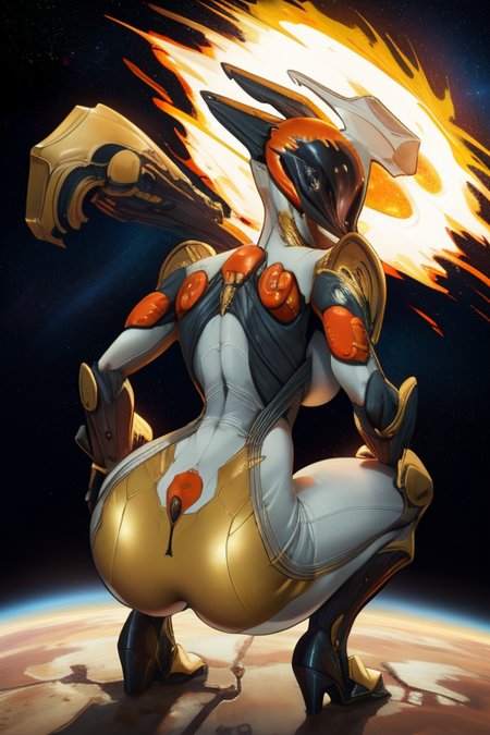 Ember, solo, cowboyshot, medium breasts, cameltoe,  large breasts,  helmet.  back view, ass,  squatting, 
space ship, industrial, stars, flames,  covered nipples, skin tight, 
 (insanely detailed, beautiful detailed face, masterpiece, best quality),  <lora:Ember:0.8>