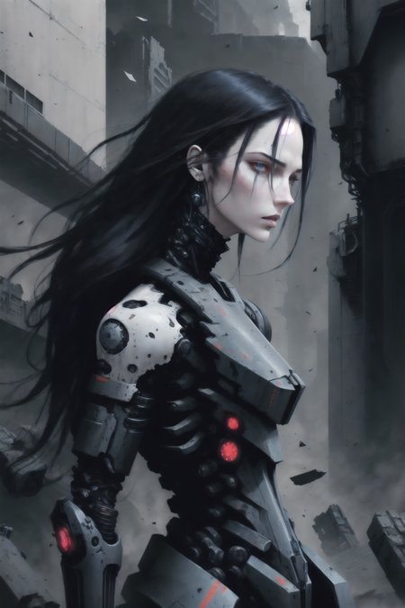 dark colors, best quality,realistic,detailed, sanakan (safeguard), hair, cyborg, portrait, detailed face, pale skin, mega structures, giant buildings ,decrepit scenery,  debris, <lora:blamev2:0.7>