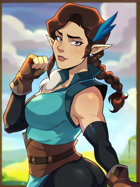 <lora:Vex:0.6> ve_x, 1girl, half-elf, elf ears, brown hair, braid hair, brown eyes, blue feather in hair, blue sleeveless shirt with apron, fur shoulder pad, brown belt, brown fingerless gloves, black sleeves, black leggings, looking at viewer,
 large breasts, wide hips,  bubble butt, earrings <lora:shadman_style_v4:0.9> wide hips, big ass, large ass, score_9, score_8_up, score_7_up,