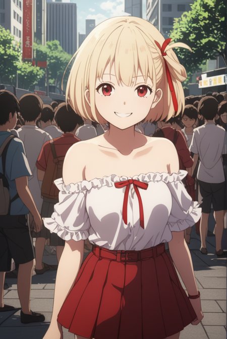 masterpiece, best quality, highres, 4k, 8k, intricate detail, cinematic lighting, amazing quality, amazing shading, soft lighting, Detailed Illustration, anime style,
chisatonishikigi, <lora:chisato-nishikigi-s1-sdxl-lora-nochekaiser:0.75>,
chisato nishikigi, short hair, bangs, blonde hair, red eyes, hair ribbon, one side up, bob cut, smile,
shirt, bare shoulders, twintails, collarbone, hair ribbon, white shirt, frills, off shoulder, red ribbon, short twintails, off-shoulder shirt, frilled shirt, skirt, pleated skirt, red skirt,
outdoors, cityscape, crowd, people, 
looking at viewer, full body,