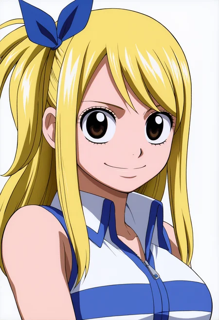 best quality, amazing quality, very aesthetic, absurdres,
1girl, lucy heartfilia, blonde hair, one side up, side ponytail, long hair, brown eyes, hair ribbon,
sleeveless, belt,
upper body,
smile, solo, looking at viewer, simple background, white background,   <lora:LucyNoobXL_byKonan:1>