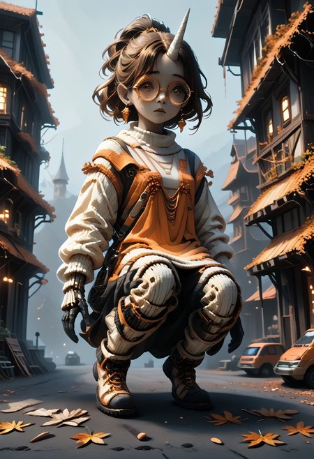 score_9, score_8_up, score_7_up,
Color digital painting with anime influences
Slightly low angle looking up at the woman, subtly emphasizing her presence
* Warm and soft lighting
* Light filters through trees, creating dappled shadows and highlights on ground and clothing
* Sunny autumn day suggested by the lighting
**Composition Style:** Three-quarter view focusing on the woman from thighs up
* Young woman with a unicorn horn is relaxed, demure posture
* Legs together, body slightly angled towards viewer
* One hand lightly touching her hair
* Long, dark hair with streak of orange
* Large, round, gold-rimmed glasses and small, dangling earrings
* Oversized, off-the-shoulder sweater with horizontal orange and cream stripes
* Thigh-high striped socks in orange and black
* Fallen autumn leaves scattered on ground around her
* Warm palette of oranges, browns, and yellows dominating the image
* Blues and greens used in background for sky and trees
* Autumnal colors reflect the seasonal setting
* Detailed depiction of street or path lined with trees shedding autumn leaves
* Elements of building and discarded wooden structures visible in background
* Background uses perspective and atmospheric details
WORLD MORPH MATCHES, FIRE, monochrome, glow, neon, asdfm3cha