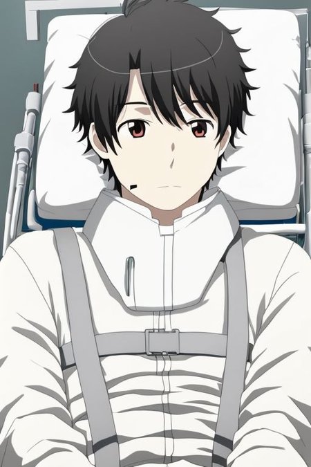 high resolution, solo, best quality, 1Boy, Portrait, Inaho Kaizuka, Black Hair, sick, bandage, helpless, patient, hospital, infusion,