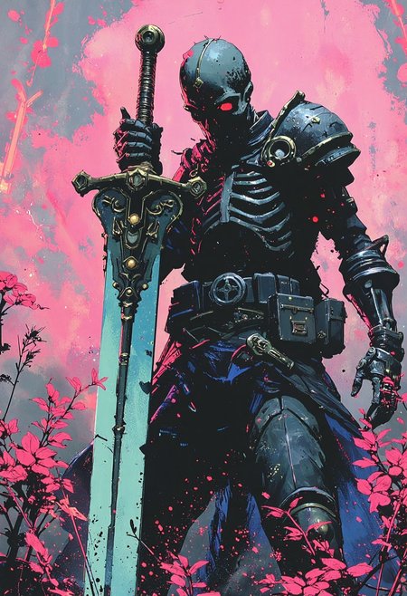 A skeletal knight, ribcage visible through tattered dark fabric, wearing blackened plate armor with ornate skull-shaped shoulder pauldrons and a small crown of thorns on its skull, holding a massive two-handed greatsword with a glowing light blue blade planted into the ground, three-quarter view from slightly below, surrounded by stylized pink and blue flowering vines and thorny branches against a soft, pale pink backdrop, dramatic rim lighting highlighting the bone structure and armor details, intricate details on the armor and sword, dark fantasy art, <lora:ArcaneFGTNR:0.8>, <lora:Luminous_Shadowscape:0.6>, <lora:FantasyWizardWitchesFluxV2-000001:0.8>