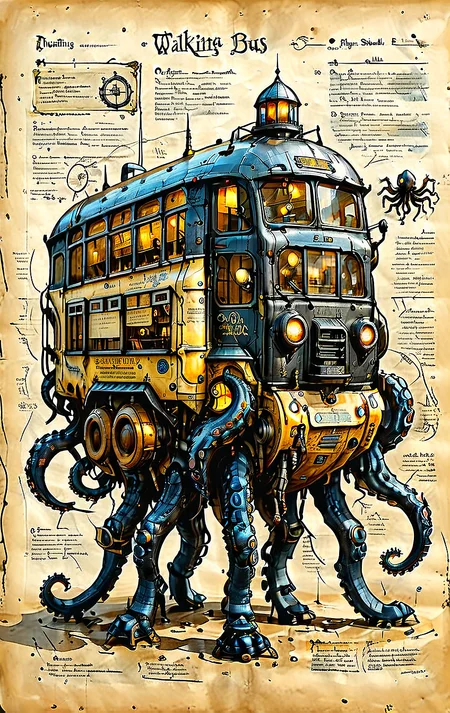 An illustrated medieval old worn page of (walking school bus octopus, science fiction, standing, Walking vehicle, black paint), text is Old English and Gothic, parchment page, intricate details, muted colors, high resolution, best quality, fantasy vibe
(ultra sharp focus:1.8), (thin lines:1.8), (best quality:1.8), (((sharp focus))), reflections,
<lora:MJ52:0.8> <lora:ParchartXL_CODA:1>
<lora:Apparatus_-_Traction_City_Walkers_Vehicles:0.8>,