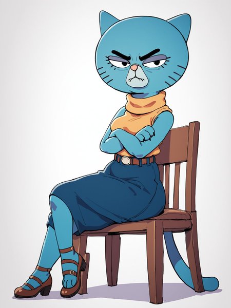 score_9,score_8,score_7,source_furry,
<1girl:1.5>,
<solo:1.5>,
wrinkles,
old,
old woman,
elderly,
1girl, mary_senicourt, granny_gumball, solo, skirt, tail, standing, full body, blue skirt, animal ears, furry, black eyes, sleeveless, looking at viewer, cat ears, belt, crossed arms, simple background, cat tail, shirt, blue skin, furry female, closed mouth, colored skin, sleeveless shirt,
<simple background:1.5>,
<white background:1.5>,
 <lora:Mary_Senicourt_Pony_SDXL:1> mary_senicourt, sitting,
chair,
legs crossed,
