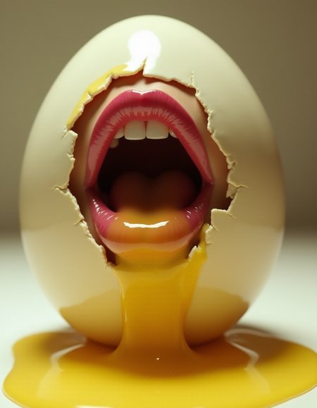 A large, glistening egg rests in soft, diffused light. From its cracked surface, a woman's lush, carmine lips emerge, dripping with viscous, golden oil that spills onto the floor below in a surreal, unsettling display. The image has an oppressive, slimy quality, with high contrast and hard shadows adding to the overall sense of discomfort and unease
