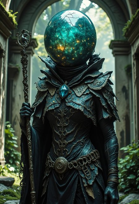 extrem upper body closeup, Color graded in translucent Neon Pink, Blue, and Green hues, cinematic lighting, insane details, hyperrealistic extreme close-up macro photography, 64-megapixel DSLR. 
A tall, enigmatic figure stands amidst the ruins of a forgotten temple, their head encased in a cracked, with a staff full of crystals, the crystals are round translucent black-red, translucent sphere filled with suspended golden liquid and glowing symbols. Their cloak, a mix of coarse burlap and torn silk, sways slightly as if touched by an unseen wind. Light filters through broken arches, casting dramatic shadows across the moss-covered stone.