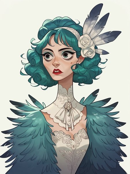 score_9, score_8_up, score_7_up, score_6_up, score_5_up, <lora:kangyannanXLP:0.8> kangyannan, white background, 1girl, peacock feathers, teal hair, dress