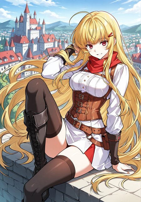<lora:Cheryl:1>
1 girl, solo, blonde hair, very long hair, bangs, ahoge, red eyes
White skirt, White skirt, red scarf, hair ornament, hairclip, long sleeves, thighhighs, boots, belt, black knee boots, corset
score_9, score_8_up, score_7_up, very aesthetic, source_anime, detailed, high quality, beautiful, masterpiece, detailed eyes, castle, village, blurry background, cityscape, pose dynamic angle, light smile, open mouth, hand on hair, sitting