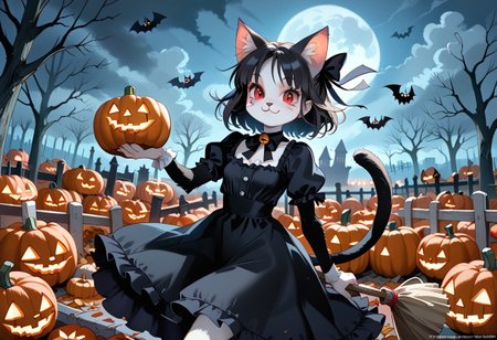score_9, score_8_up, score_7_up, score_6_up,  
csr_Style, high quality, extremely detailed, Halloween, OldHalloweenCards, Spooky,
cute, creepy girl, Anthro Cat girl, Cat ears, furry, Cat tail, cat snout, Cat nose, Cartoon Type, long black hair, black fur, long ears ribbons, ribbons, witch dress, red eyes, riding a broom, smile, looking at viewer, 
graveyard, dead trees, dark cloudy sky, pumpkins,