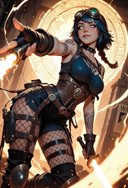 highres, very detailed, amazing quality, masterpiece, very aesthetic, glitter, particle effect, 1girl, solo, beautiful eyes, tan skin, double braided ponytail, tattoo, arm tattoos, neck tattoos, chest tattoos, skimpy top, body strap harness, fishnets under clothing, asymmetrical clothing, asymmetrical, large breasts, choker, seducing, seductive, flirty, tender, loving, playful,
steampunk combat mage, tactical gear fused with arcane design, glowing brass fittings, enchanted utility belts, belts with vials of glowing liquid, arcane badge on hip, goggles pushed up on head, armored fingerless gloves, corset-integrated spell amplifier, glowing circuitry tattoos, magical police emblem, asymmetrical clothing, 
charging a spell in one hand, glowing spellblade, magical dagger, arcane energy weapon, blade crackling with magic, enchanted blade, spell channeling through weapon, glowing runes etched into blade, electricity and flame swirling violently, intense smirk, eyes glowing with arcane authority, foreshortening on outstretched arm casting forward, spell circle forming at viewer POV, smoke and debris rising around her boots,
ruined steampunk city, flickering streetlamps, shattered clockwork constructs around her feet, runes glowing on walls, wanted posters fluttering in spellshock wind, embers drifting in the air, dramatic orange/blue contrast lighting,
angle from below, cinematic lighting, dramatic depth of field, sparks and ash particles in foreground for motion blur