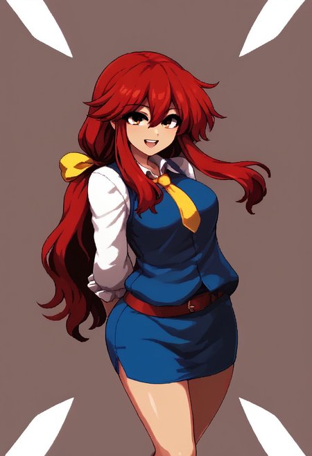 score_9, score_7_up, source_anime, source_cartoon, source_explicit, BREAK, colorful, aesthetic, illustration, kotohime (touhou), long hair, red hair, red eyebrows, hair between eyes, bangs, sidelocks, low-tied long hair, tied hair, low ponytail, hair ribbon, yellow ribbon, red eyes, breasts, white shirt, collared shirt, long sleeves, yellow necktie, blue vest, brown belt, blue skirt, hands behind back, open mouth, smile, teeth, simple background, looking at viewer, facing viewer, standing in front of viewer, standing