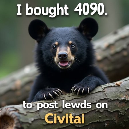 realistic image
, sad black bear cub poking out of behind tree log
, floating text at top of image "I bought 4090" writthen with big white letters above bear
, floating text at bottom of image "to post lewds on Civitai" writthen with big white letters below bear