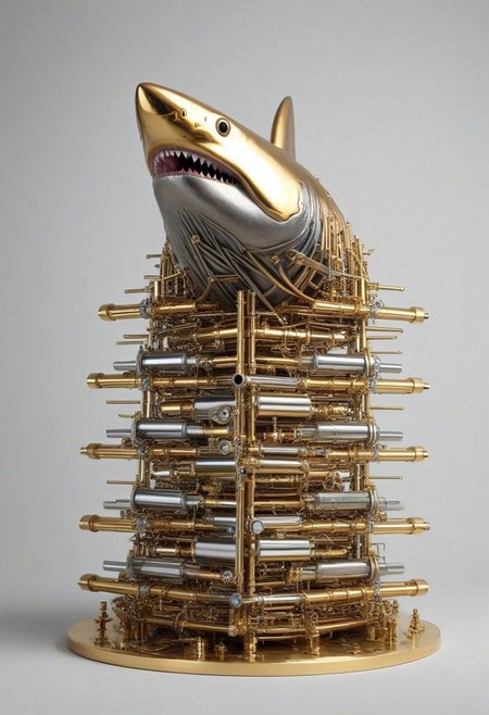 masterpiece, best quality, high resolution, 
shark in (qu4ntum style), covered in (brass pipes) and (silver wires) and gold circuits,
simple background, 
cinematic,