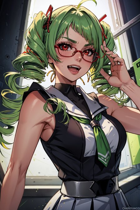 masterpiece, best quality, delutaya, twin drills, red glasses, serafuku, white skirt, looking at viewer, upper body, smile, open mouth, smug, fangs, fcHeatPortrait <lora:delutaya-nvwls-v1-000012:0.9>