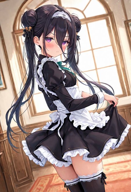 masterpiece, best quality, amazing quality, very aesthetic, high resolution, ultra-detailed, absurdres, newest, scenery,(depth of field:1.5),
(super fine illustration,professional quality,ultra high res), beautiful detailed eyes,
(high brightness),
break
shichiseiken_m_tkhk,
black hair, long hair, hair between eyes,  long bangs,
twintails, double bun,
star hair ornament,
unconventional maid, enmaided, wing collar, puffy long sleeves,
lace-trimmed hairband, frilled apron, ribbon,
frilled skirt, mini skirt, layered skirt,
black thighhighs, frilled thighhighs,
strappy heels,
small breasts,
1girl, 
blush, annoyed,
(dutch angle:1.2), (cowboy shot:1.2),
from behind, looking back,