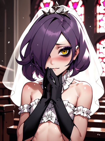 <lora:happy_tentacle-stacia-v0.3-000016:0.85>, ht_fishstacia, flat chest, (purple hair, yellow eyes:0.8), medium hair, hair over one eye, (floating hair:1.1), midriff, navel, frills, bags under eyes, purple eyeliner, blush, black gloves , upper body, 1girl, solo focus,(seductive:1), indoors, church, bridal veil, bridal gauntlets, wedding dress, , backlighting, depth of field, , (petite:1.2), [(realistic, photorealistic:1.2):(realistic:1.3):22], [(3d:1.3)::12], <lora:LUUNA's Lunas-NijiJourney-SDXL-B2:0.5>, nijijourney, <lora:prgfrg23's Counterfeit-V3.0 Style SDXL_LoRA_Pony Diffusion V6 XL:0.35> <lora:mfcg's mfcgXL:0.1> <lora:Shed_The_Skin's StS_age_slider_v1_initial_release:-1.1>, score_9, score_8_up, score_7_up, score_6_up, score_5_up, score_4_up,