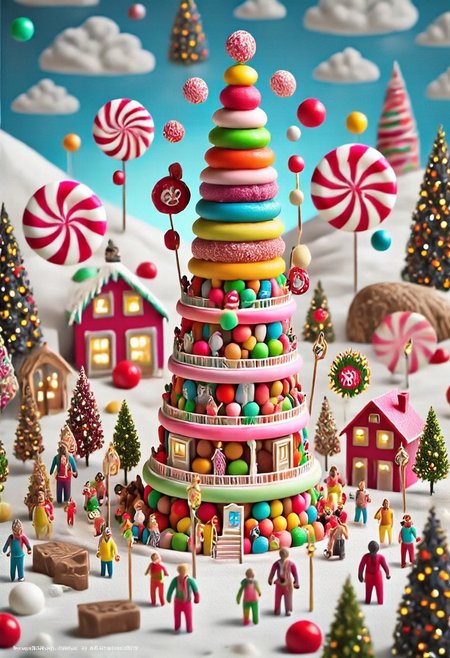 CHRC4ND7,  Candy Christmas town, candy elves, candy animals, candy snow, <lora:mrpcanrnet2:1> style of paint of mrp, mrph of a carnet mrpcanrnet2 with mrpdamier on (mrpvp), covered of mrpv, cyberpunk sign that reads:("SWEET CHRISTMAS")