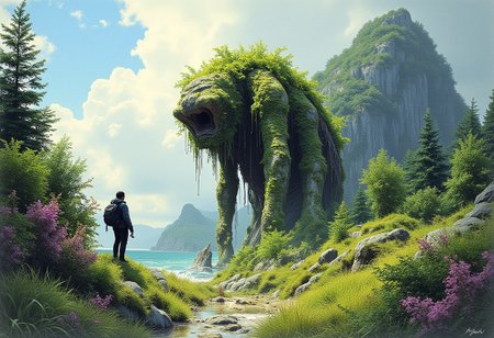 Beauty, realism, cinematography, chiaroscuro, rays of light, play of shadow and light, cinematic quality, Cinematic style. 
(A color ink sketch by Moebius, Katsuya Terada, Jeffrey Catherine Jones), a wanderer meeting an ancient giant rock automaton with foliage growing all over her body, female Titan monster like a hunched over crone, lumbering, bent over, crooked back, hulking shoulders. like a living hill, towering, view from below, an angle that enhances the feeling of seeing something truly awesome and ancient, a landscape of forested hills, cloudy sky