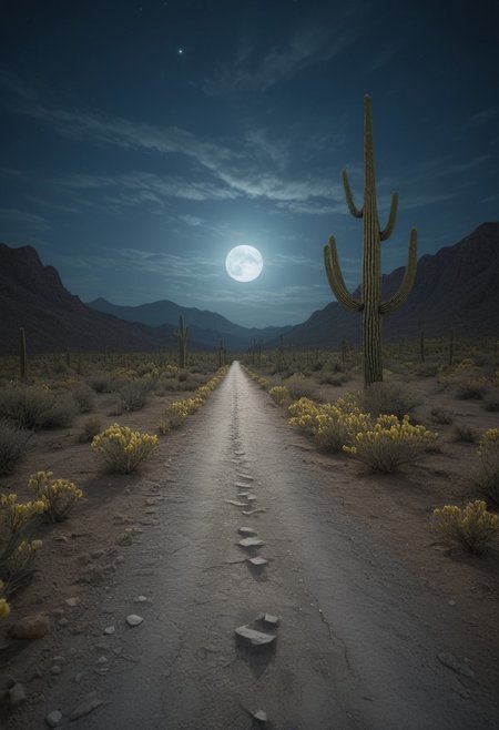 <lora:GeekyXL_Liquid_Marble:0.8>,liquid marbel,Desert dirt road at night under a full moon, lined with tall saguaro cacti (detailed cactus textures: 1.2),  leading into a misty distance,  peaceful and serene (soft lighting:1.1),  pale moonlight bathing the scene,  pale orange flowers,  earth tones,  photorealistic,  long perspective,  wide angle shot,  natural light through the moon, tranquil atmosphere,  (dusty road surface finely detailed:1.0), centered composition,  gentle shadows,  8k resolution,  high detail.