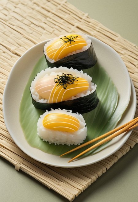 Delicate Presentation of Tamago (Sweet Egg) Nigiri, Soft Golden Layers Stacked on a Perfect Rice Ball, Tied with a Fine Strip of Nori, Set Against a Simple Ceramic Background with Minimalist Wasabi and Pickled Ginger Accents, Highlighting the Lightness and Subtlety of Traditional Japanese Egg Sushi