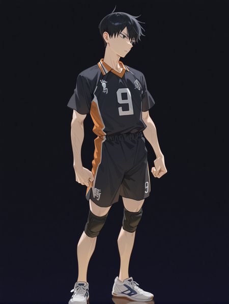 perfect quality,high quality,masterpiece,best quality,amazing quality,very aesthetic,absurdres,newest,
front view,full_shot,Anguish,
KageyamaTobioCYQL,<lora:KageyamaTobioCYQL:1>,1boy,male focus,solo,black hair,black eyes,volleyball uniform,sportswear,short sleeves,knee pads,shirt,shorts,black shorts,sneakers,shoes,
full body,standing,finger_gun,,
darkblue background,simple background,
<lora:ponyv4_noob1_2_adamW:0.6>,<lora:spo_sdxl_10ep_4k-data_lora_webui:0.6>,<lora:USNR STYLE_XL_loha:0.45>,<lora:HG2512 by CYQL:0.9>,HG2512,usnr,,