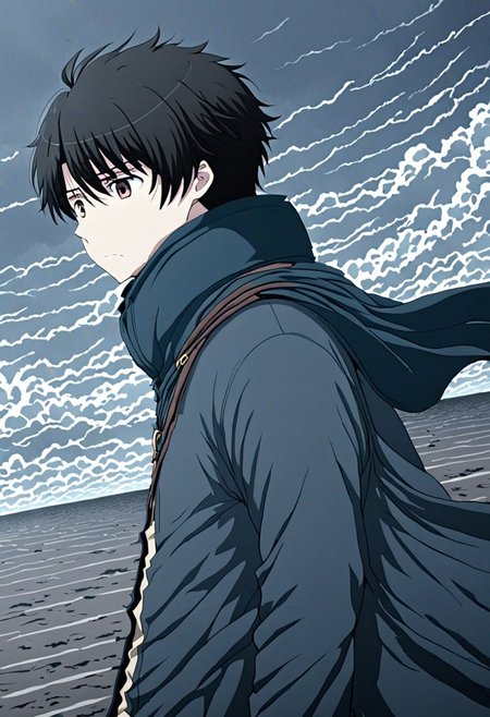 high resolution, solo, best quality, 1Boy, Inaho Kaizuka, Black Hair, gloomy, Sky, strong wind, OverallDetail
