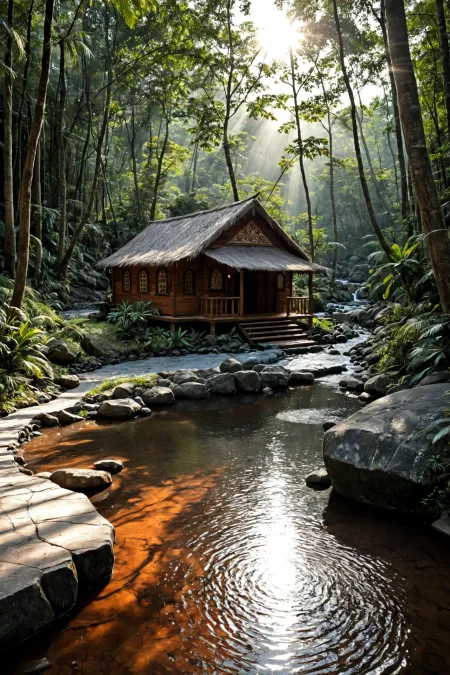 photo, photography, Fujifilm XT3 Viltrox, ((very detailed)), sharp focus, sharp background,  best quality, beautiful landscape, rainforest, jungle, sacred earth, stream, water ripples reflections, (small river pond), rainforest, hut, tribal amazon village, stunning nature environment, (bright sunny sky), high contrast, cinematic (lights), backlight, shadows, lens flare, vibrant colors, colorful, Nickel Gray flowers and leaves,  <lora:add-detail-xl:1>  <lora:Better Blur Control:1>