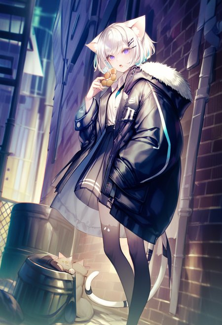 score_9, score_8_up, score_7_up, score_6_up, <lora:yoggiXL_P6_lokr_V43P1:0.95>   1girl, cat, animal ears, food, chain-link fence, outdoors, solo, tail, fence, white hair, jacket, holding food, holding, skirt, hair ornament, fur trim, blue eyes, doughnut, hairclip, cat tail, shirt, cat ears, long sleeves, open clothes, pleated skirt, trash can, hood, alley, white shirt, eating, night, puffy long sleeves, hooded jacket, collared shirt, cat girl, bag, black jacket, fur-trimmed hood, black cat, building, looking at viewer, standing, hood down, feet out of frame, open jacket, open mouth, pantyhose, hand in pocket, necktie, brick wall, animal, animal ear fluff, blurry, thighhighs, puffy sleeves, coat, purple eyes, fur-trimmed jacket, long hair, fur-trimmed coat, city, multicolored hair, graffiti, black skirt