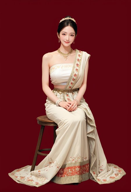 1girl,red background,,ruanyi1012,sari,dress,tube top,necklace,jewelry,bracelet,
full body,sitting,stool,<lora:1012 traditional clothing 1_v1_pony:1>, score_9, score_8_up, score_7_up, score_6_up, score_9, score_8_up, score_7_up, score_6_up source_anime, blush, 1girl, seduce smile, perfect body , natural huge breasts