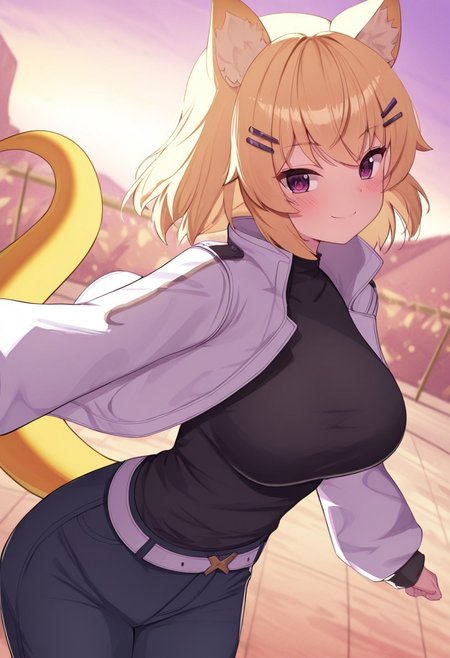Bitseon, solo, source_anime, promo art, 1girl, outdoors, looking at viewer, purple eyes, animal ears, animal ear fluff, blonde hair, hair ornament, hairclip, large breasts, thin lizard tail, jacket, white jacket, long sleeves, open clothes, open jacket, shirt, black shirt, jewelry, belt, dynamic pose, smile