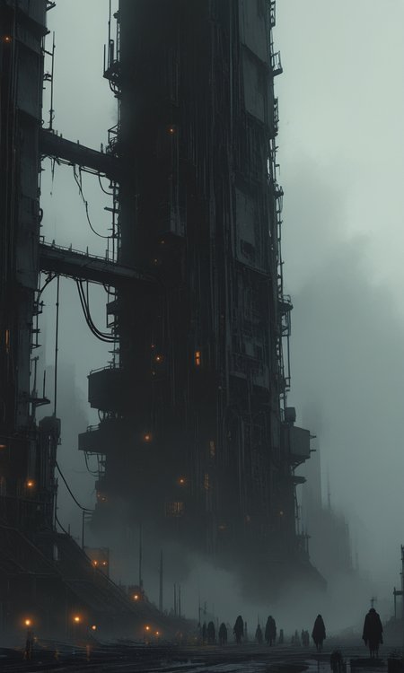 A dark atmospheric photograph of an industrial landscape with smokestacks fog and a round platform in the foreground. The scene is shrouded in mist creating a mysterious dystopian vibe, masterpiece, fine details, <lora:- iLL -PdJ_highres_counterweight _V1.0-step00007000:.8>, <lora:- iLL - the_edgy_mech_V2.0-step000013500:0.5> <lora:Illustrious:0.4>
